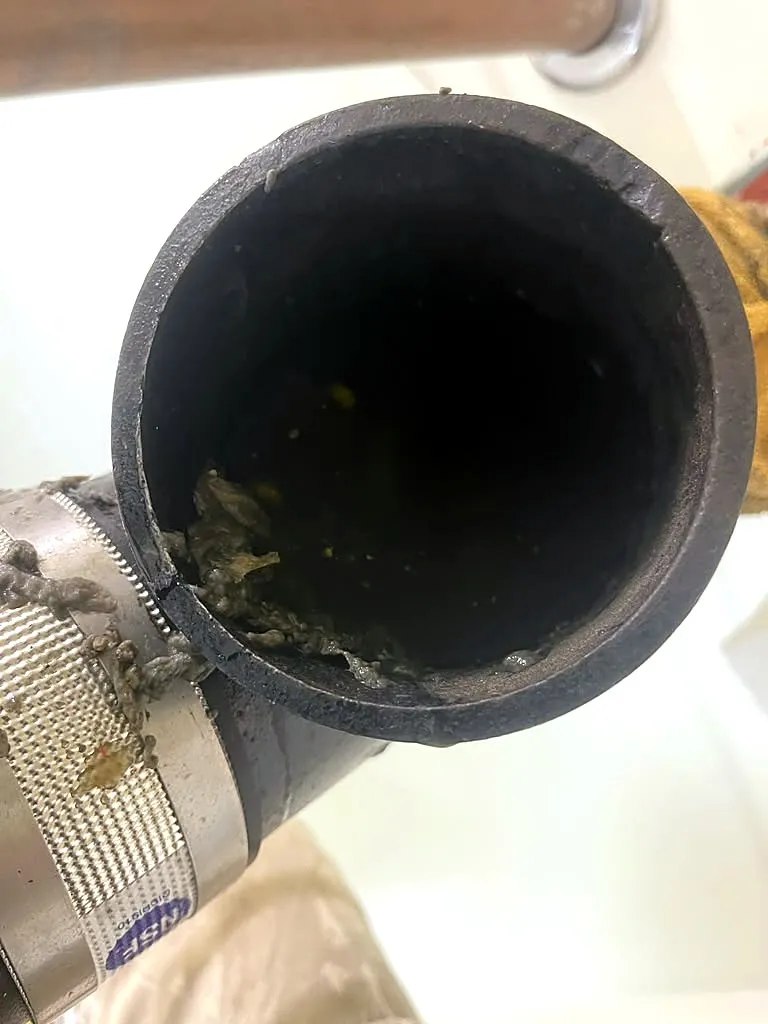 Old cast iron pipe section removed from a fully clogged drain line in Palo Alto