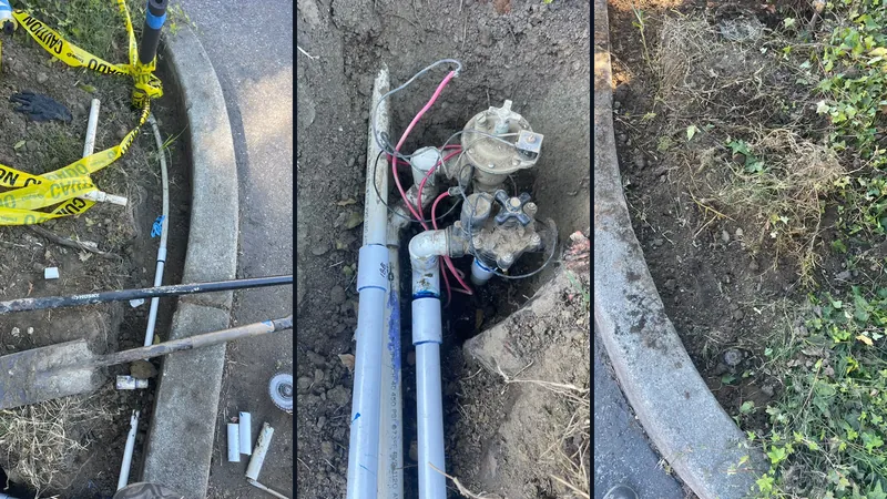 Commercial sprinkler system replacement in Mountain View: trench, new irrigation valves and restored planter