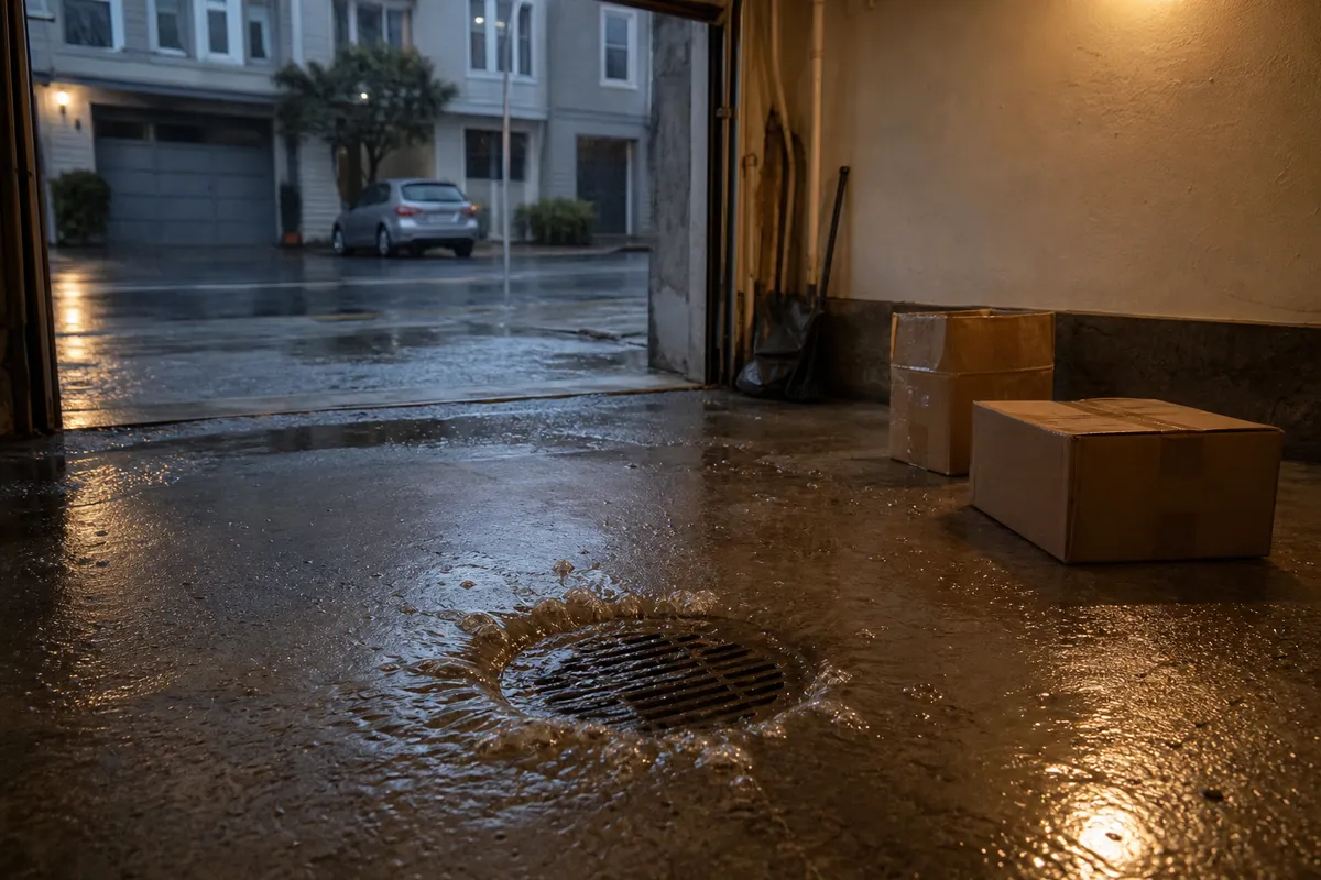 Water backing up through a garage floor drain in a San Francisco home on a rainy night