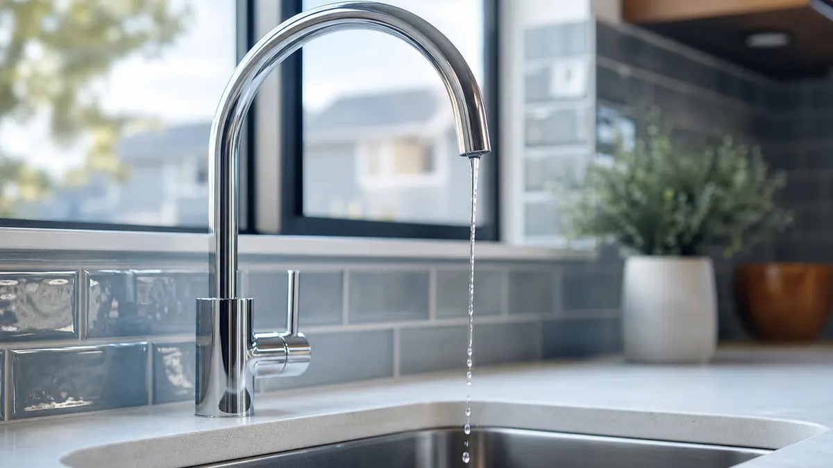 Weak stream of water from a kitchen faucet showing low water pressure in a house