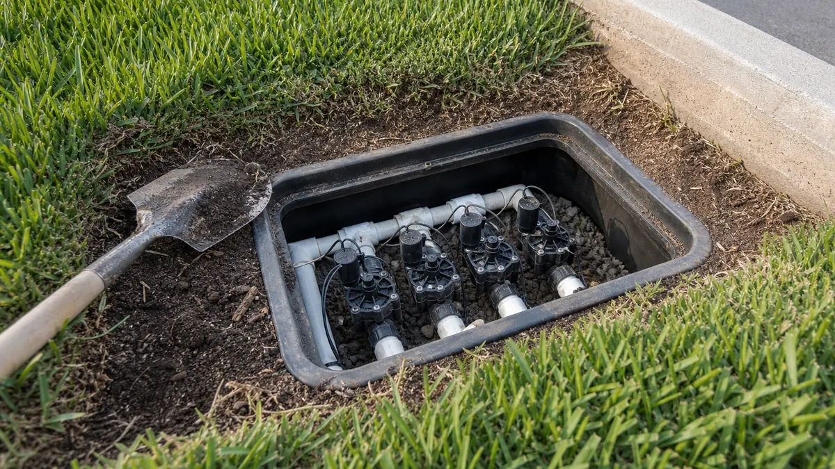 Sprinkler irrigation valves and PVC pipe in an open trench during a valve repair
