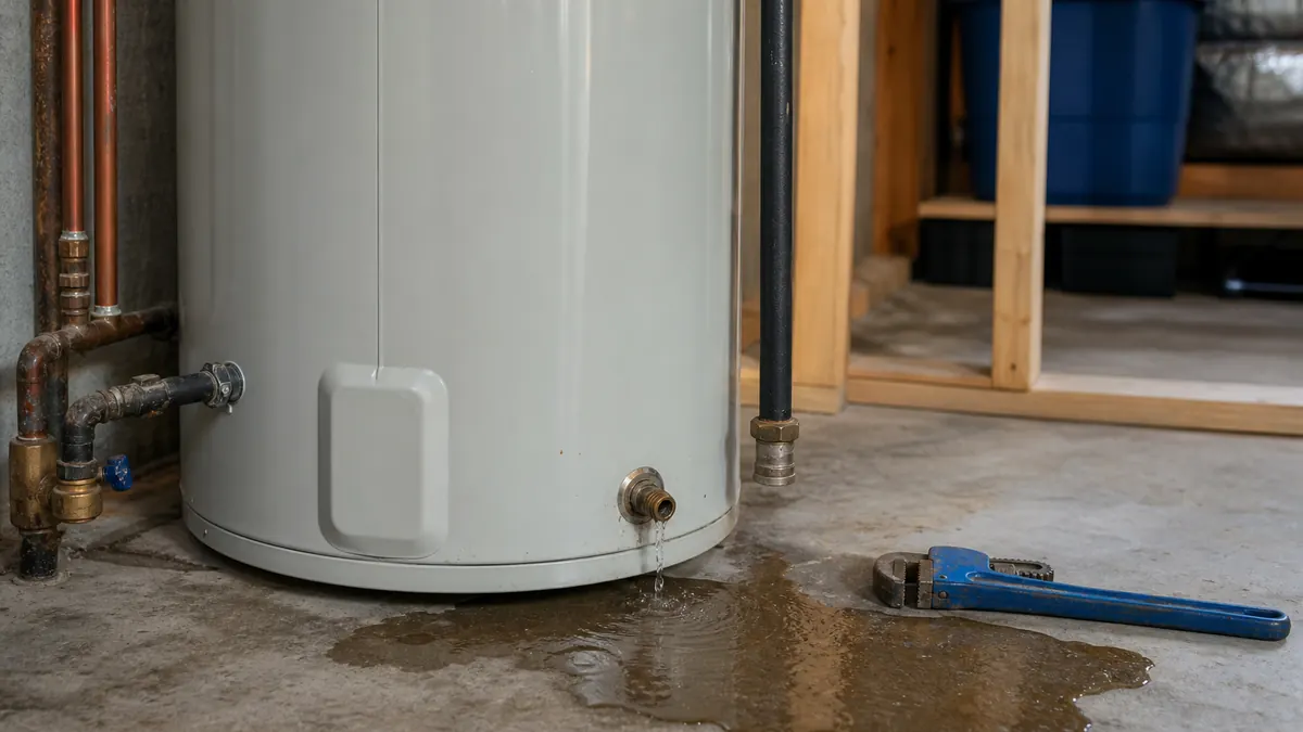 Leaking water heater in a San Francisco basement with a puddle on the floor