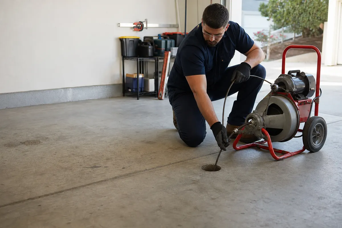 Plumber using a drain cleaning machine on a floor cleanout in a San Francisco garage