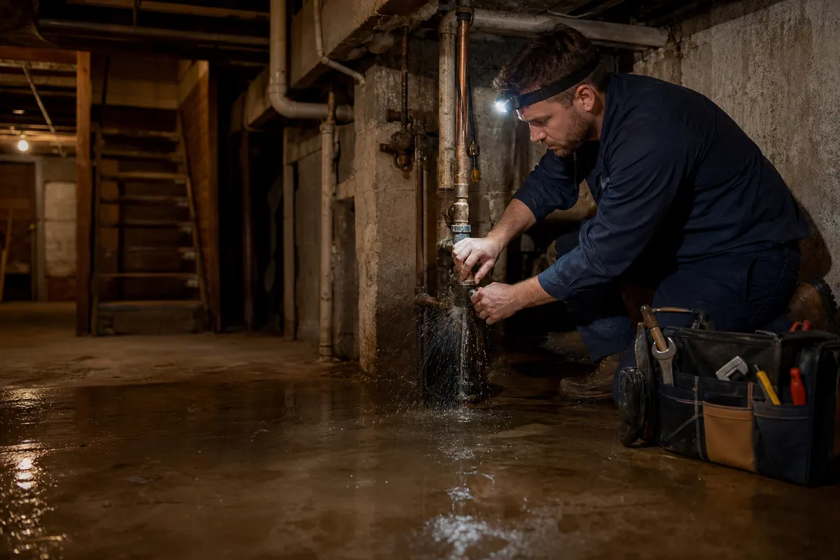 Plumber shutting off a burst water pipe in a San Francisco basement at night