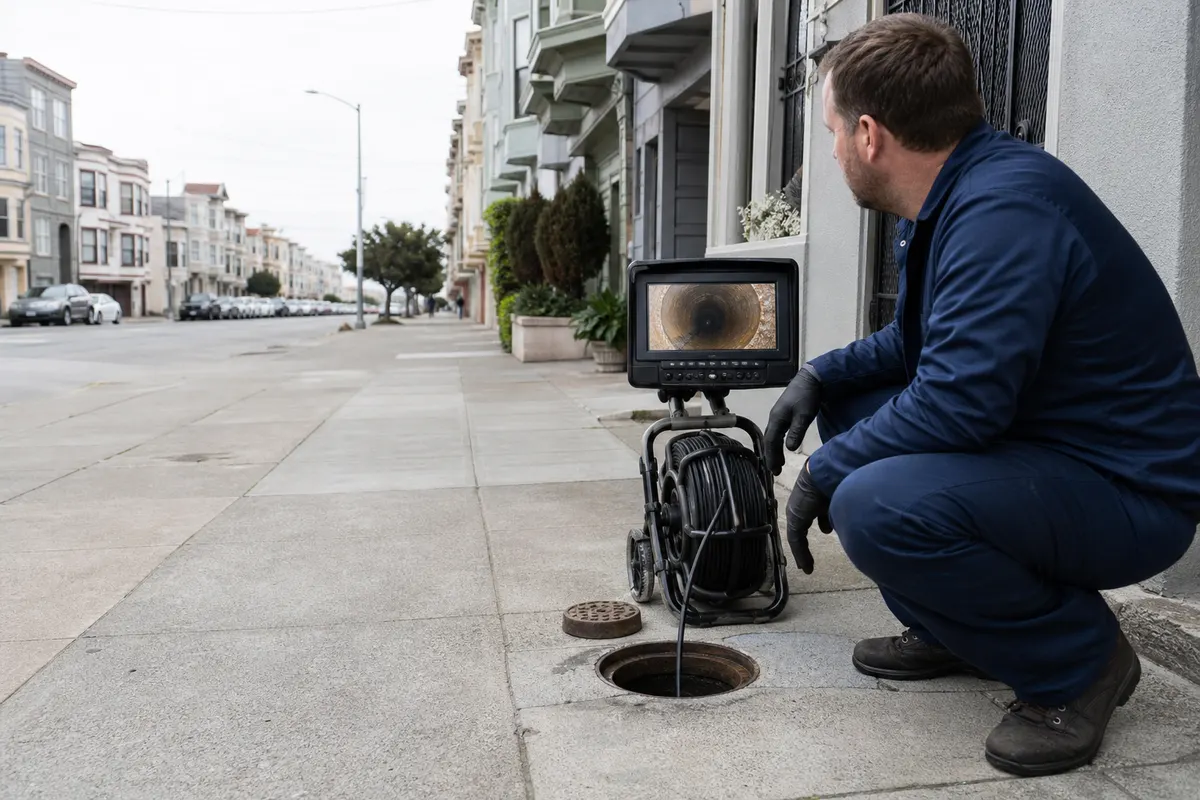 Plumber doing a sewer camera inspection at a cleanout in front of a San Francisco house